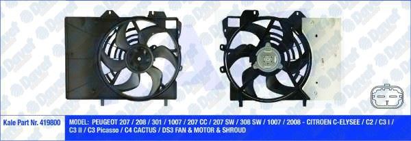 KALE 419800 Fan Motoru Peugeot C2 / C3 I / C3 Ii / C3 Picasso / Ds3 - 207 / 208 / 1007 / 207 Cc / 207 Sw / 308 Sw (320w 385mm) (Fan-Motor-Davlumbaz)